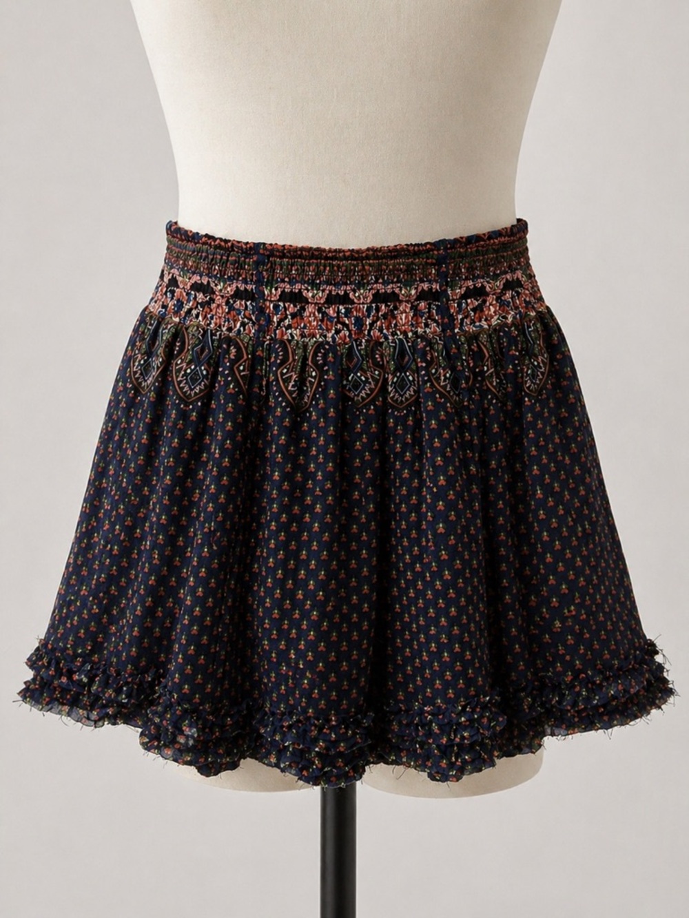 Bershka Navy Floral Smocked Waist Circle Mini Skirt